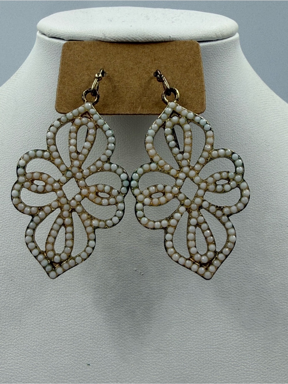 Gold Tone White Beaded Filigree Earrings